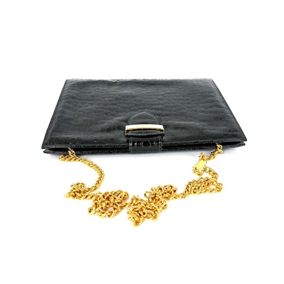 Vintage Salvatore Ferragamo Dark Green Croc Embossed Crossbody Clutch Chain Bag - Picture 6 of 15